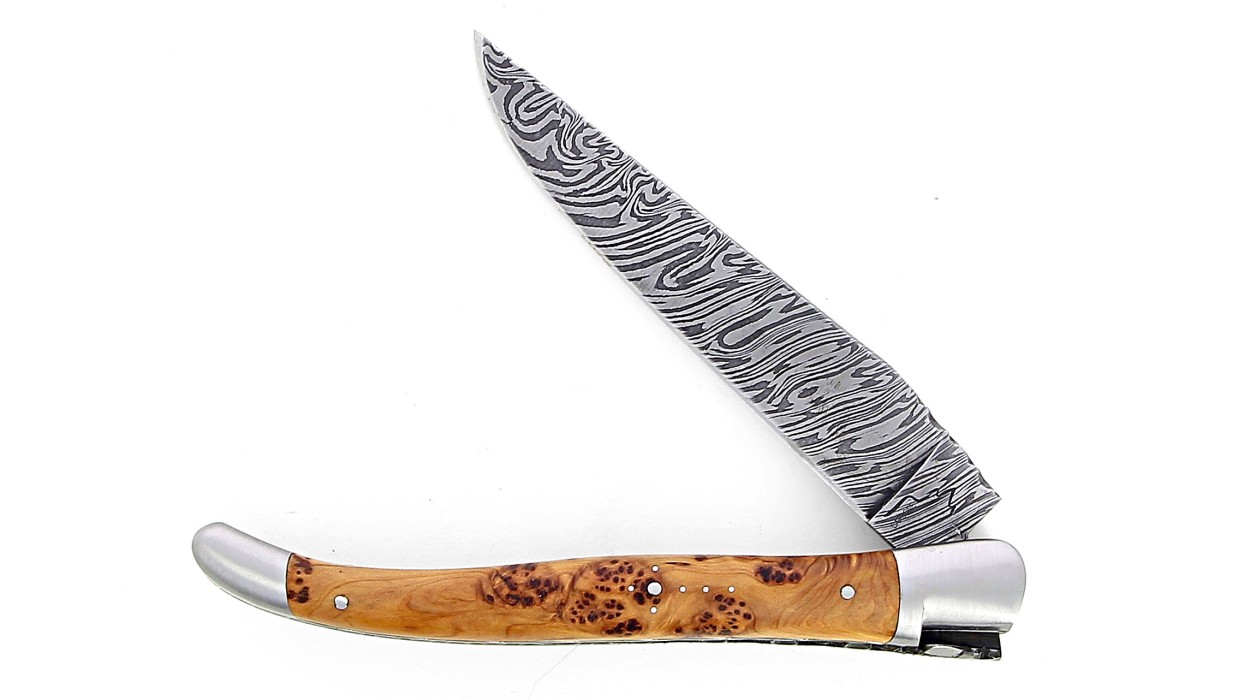 Couteau pliant Laguiole 13 cm, mitres inox, double platine en genévrier, lame damas