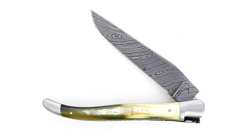 Couteau Laguiole 13 cm, mitres inox brossé, double platine, mitres inox, en corne de vache Aubrac, lame damas carbone.