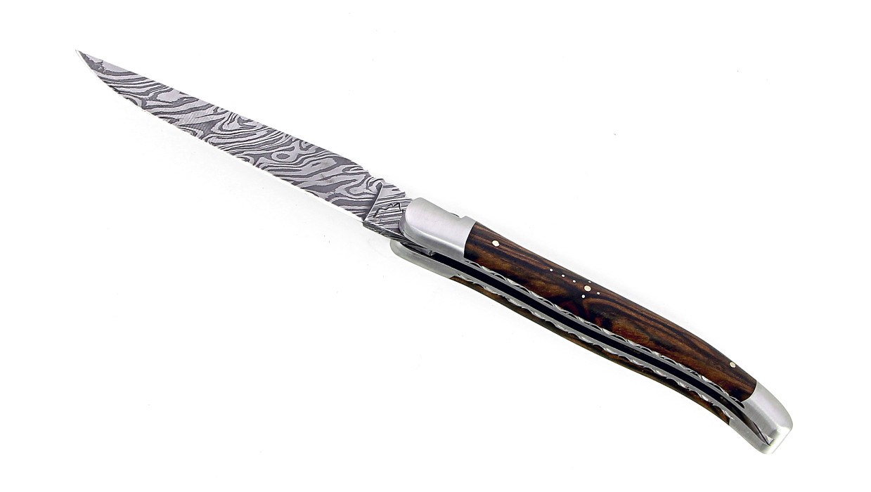 Couteau Laguiole 13 cm, mitres inox brossé, double platine en noyer, lame damas carbone