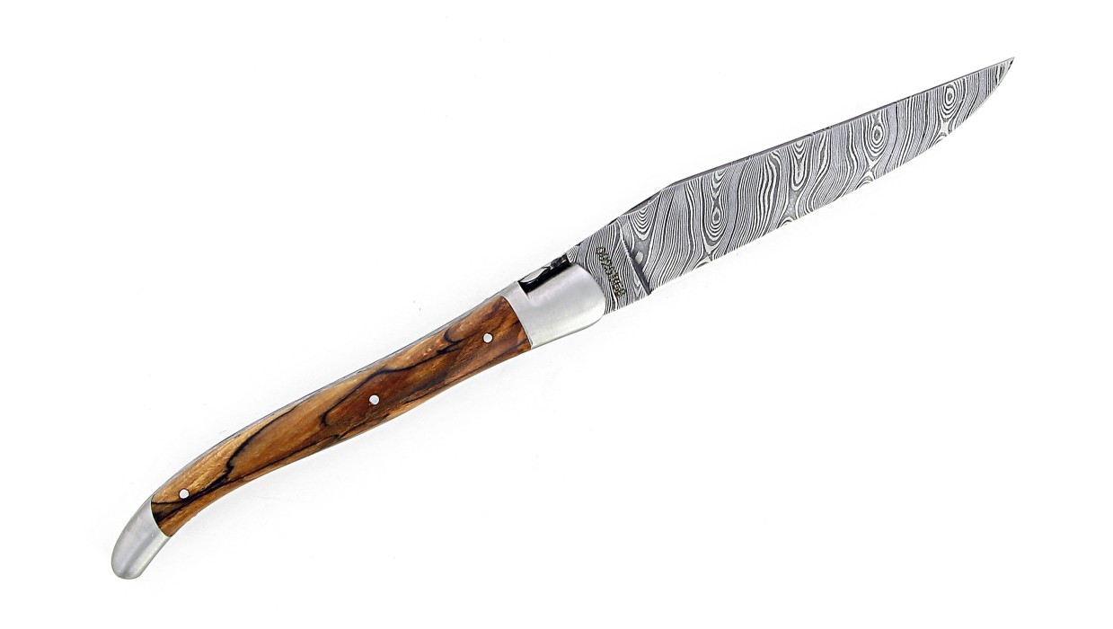 Couteau pliant Laguiole 13 cm, mitres inox brossé, double platine en hêtre de l'Aubrac, lame damas carbone.