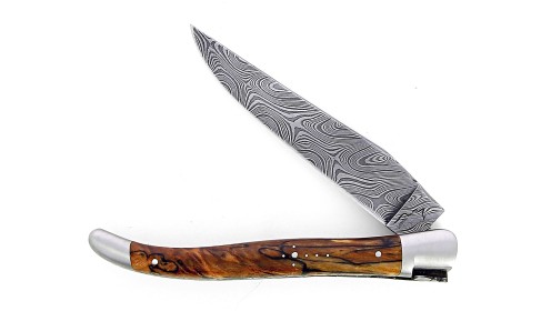 Couteau pliant Laguiole 13 cm, mitres inox brossé, double platine en hêtre de l'Aubrac, lame damas carbone.