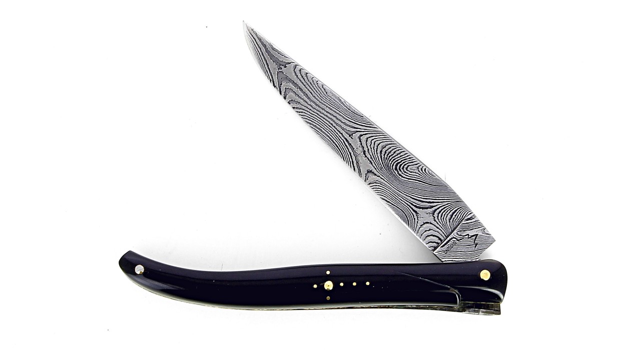 Laguiole 12 cm plein manche en corne noire, lame damas carbone